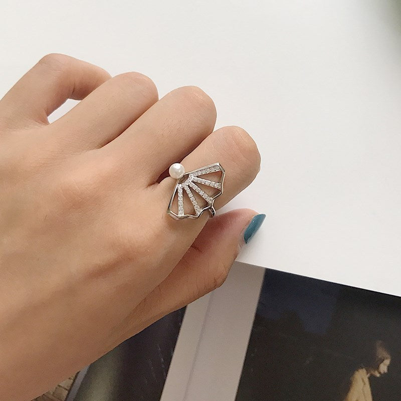 Sterling Silver Lacy Fan Pearl Ring