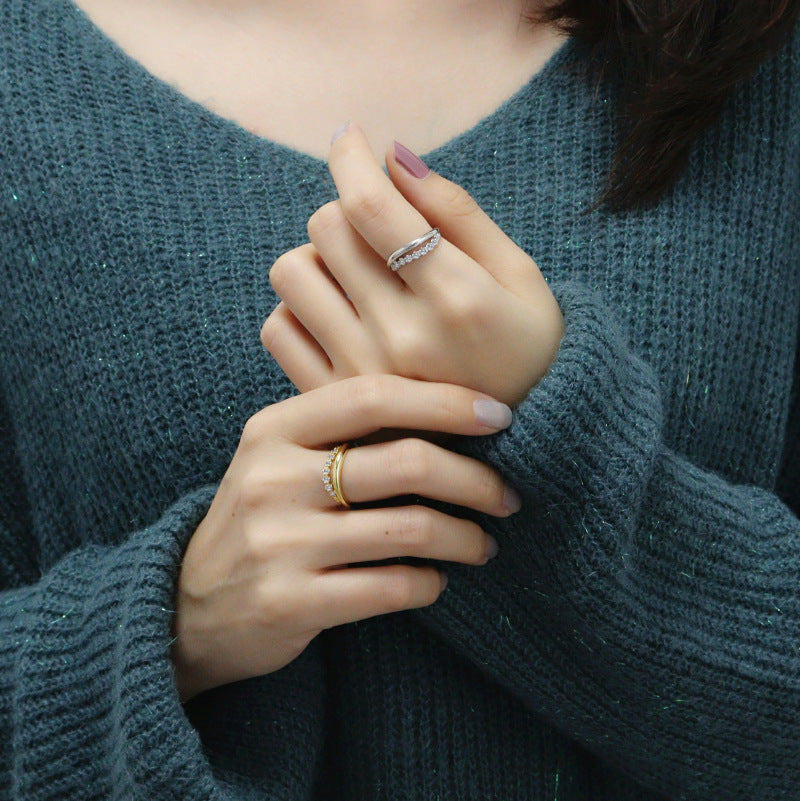 Sterling Silver Double Waved Line Zirconia Ring