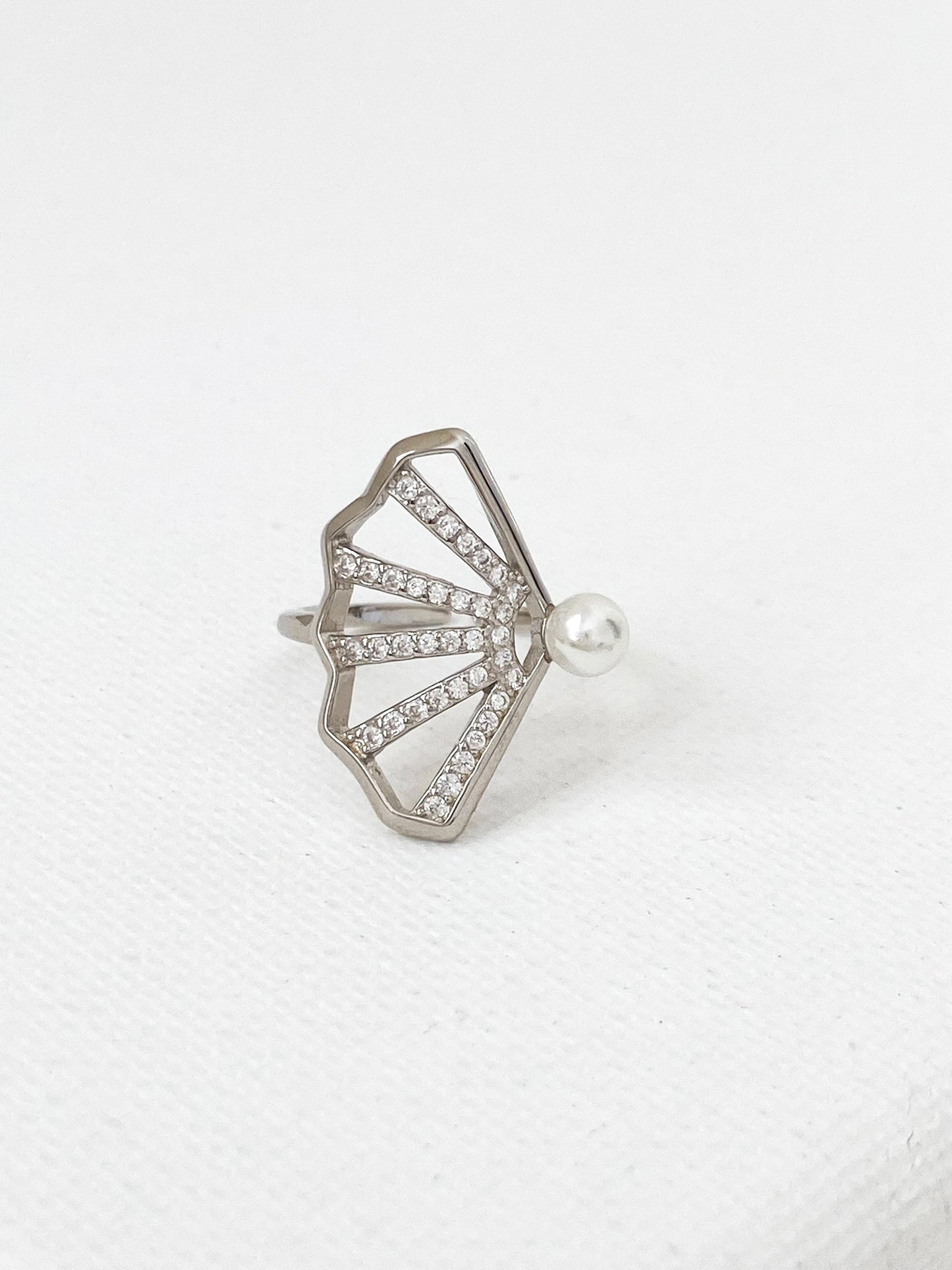Sterling Silver Lacy Fan Pearl Ring