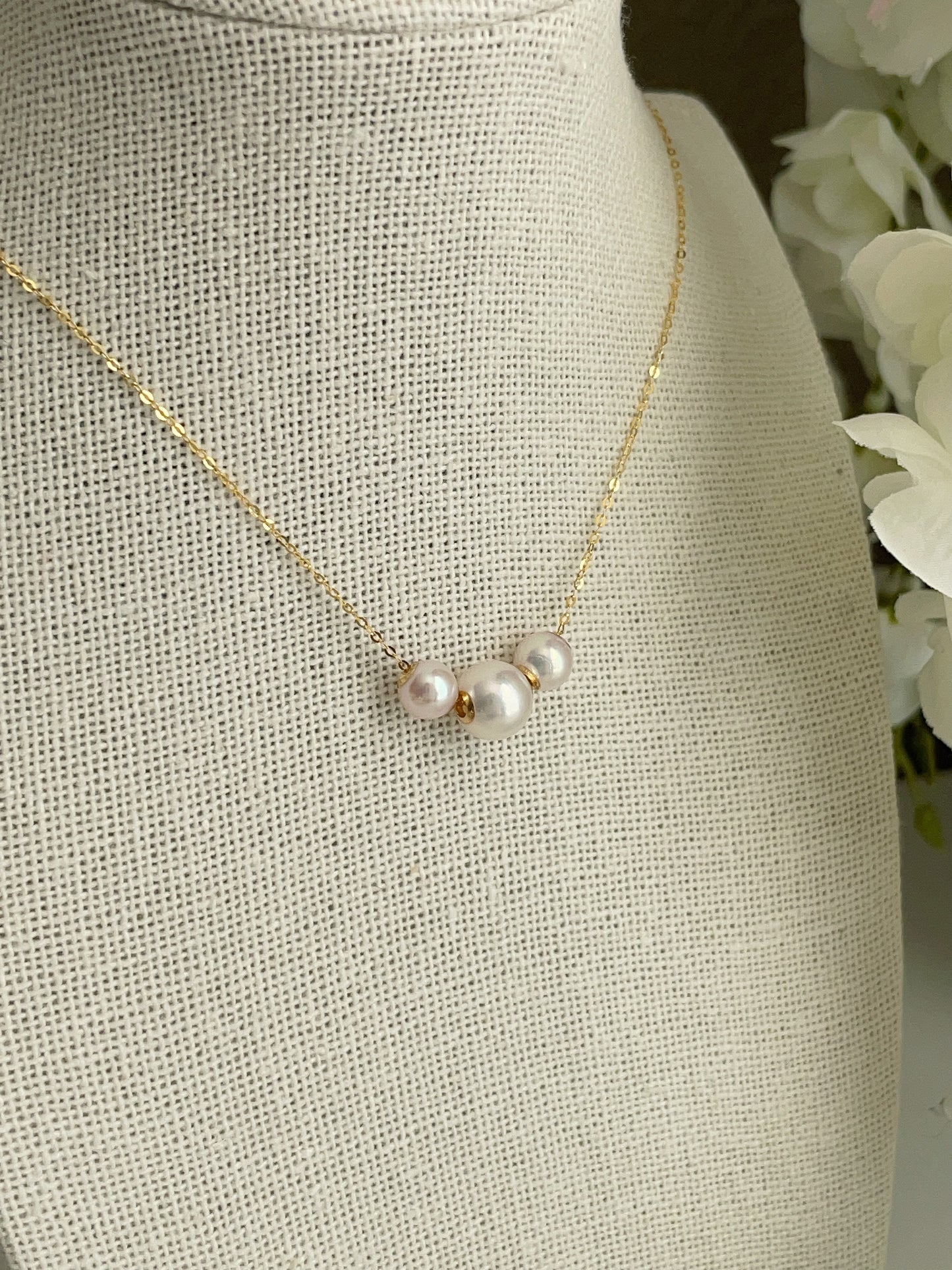 Triple Akoya Floating Pearl Necklace in 18k Gold