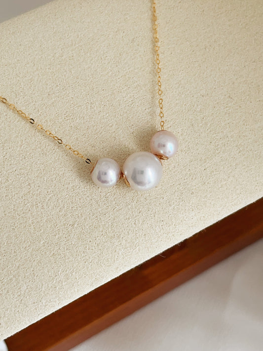 Triple Akoya Floating Pearl Necklace in 18k Gold